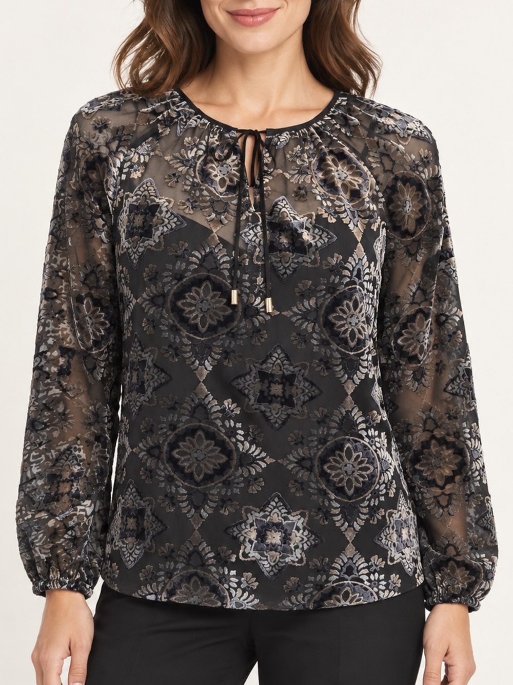 Black Velvet Burnout Peasant Blouse NYDJ XXS NWT Floral Tie Neck Long Sleeve Top